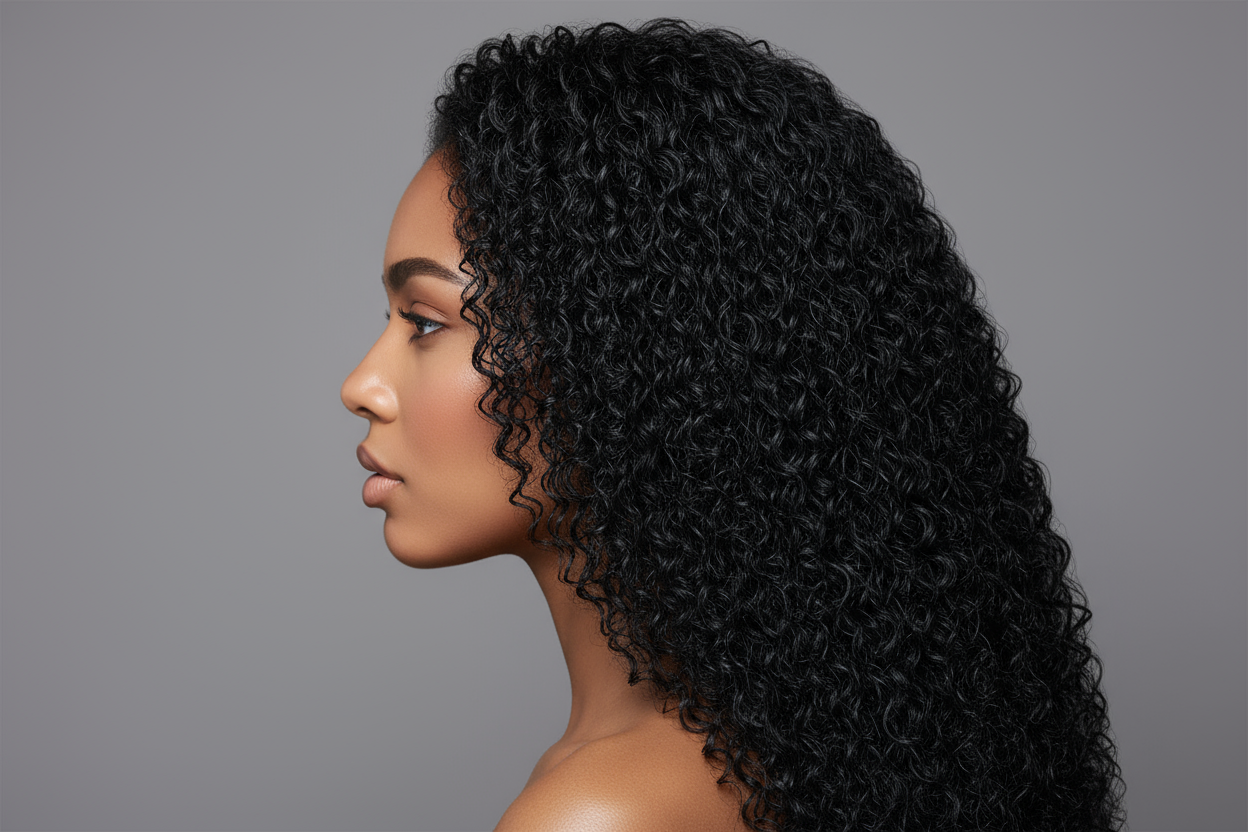 Ultra-realistisches Studio-Beauty-Portrait einer jungen Frau im Profil, Kopf nach links gerichtet. Extrem langes, kleine, eng definierte Locken, gesund glänzendes in ultra-tiefes, kühles Schwarz,Haar mit seidiger Textur. Saubere Haarlinie, kein Frizz. Makellose, warme Haut mit softem Glow, natürliche aber definierte Lippen, nude glam Make-up. Neutraler grauer Studiohintergrund. High-End Haircare Campaign Style, perfektes Soft Beauty Lighting, 8K, superscharf, fotorealistisch.