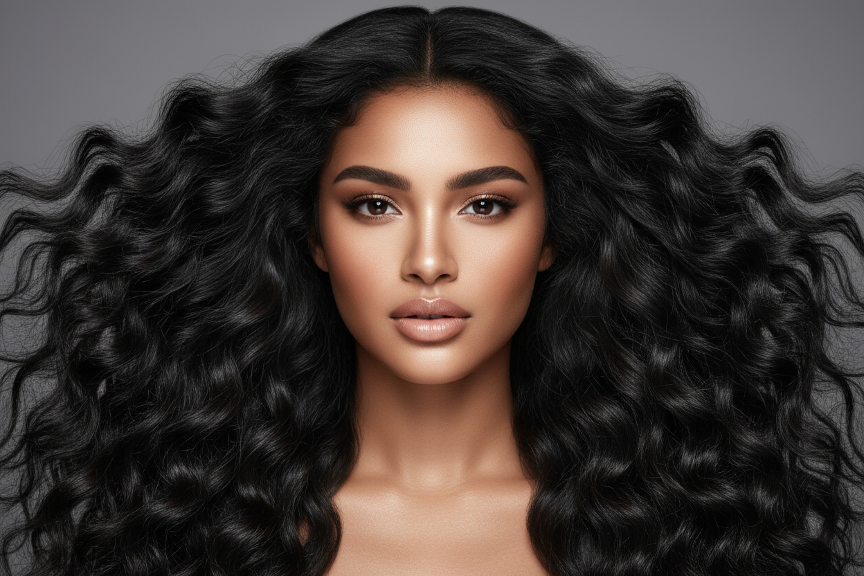 Ultra-realistisches Studio-Beauty-Portrait einer jungen Frau, makellose warme Haut, Nude-Glam-Make-up, natürliche aber definierte Lippen, gesundes Strahlen. High-End Haircare Kampagnenstil, perfektes weiches Studio-Licht, neutraler grauer Hintergrund, 8K, fotorealistisch, superscharf, luxuriöse Beauty-Ästhetik.Frontaler Blick in die Kamera, Fokus auf Gesicht und  extrem lange fallende Haartextur.Jet Black.Deep Curly