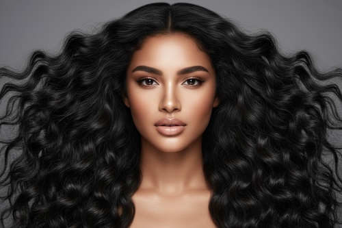 Ultra-realistisches Studio-Beauty-Portrait einer jungen Frau, makellose warme Haut, Nude-Glam-Make-up, natürliche aber definierte Lippen, gesundes Strahlen. High-End Haircare Kampagnenstil, perfektes weiches Studio-Licht, neutraler grauer Hintergrund, 8K, fotorealistisch, superscharf, luxuriöse Beauty-Ästhetik.Frontaler Blick in die Kamera, Fokus auf Gesicht und  extrem lange fallende Haartextur.Jet Black.Deep Curly
