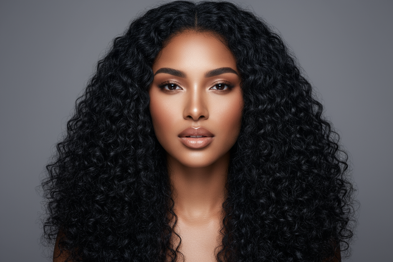 Ultra-realistisches Studio-Beauty-Portrait einer jungen Frau, makellose warme Haut, Nude-Glam-Make-up, natürliche aber definierte Lippen, gesundes Strahlen. High-End Haircare Kampagnenstil, perfektes weiches Studio-Licht, neutraler grauer Hintergrund, 8K, fotorealistisch, superscharf, luxuriöse Beauty-Ästhetik.Frontaler Blick in die Kamera, Fokus auf Gesicht und extrem langen fallende Haare.ultra-tiefes kühles Schwarz.kleine enge Vintage-Locken, saftig definiert