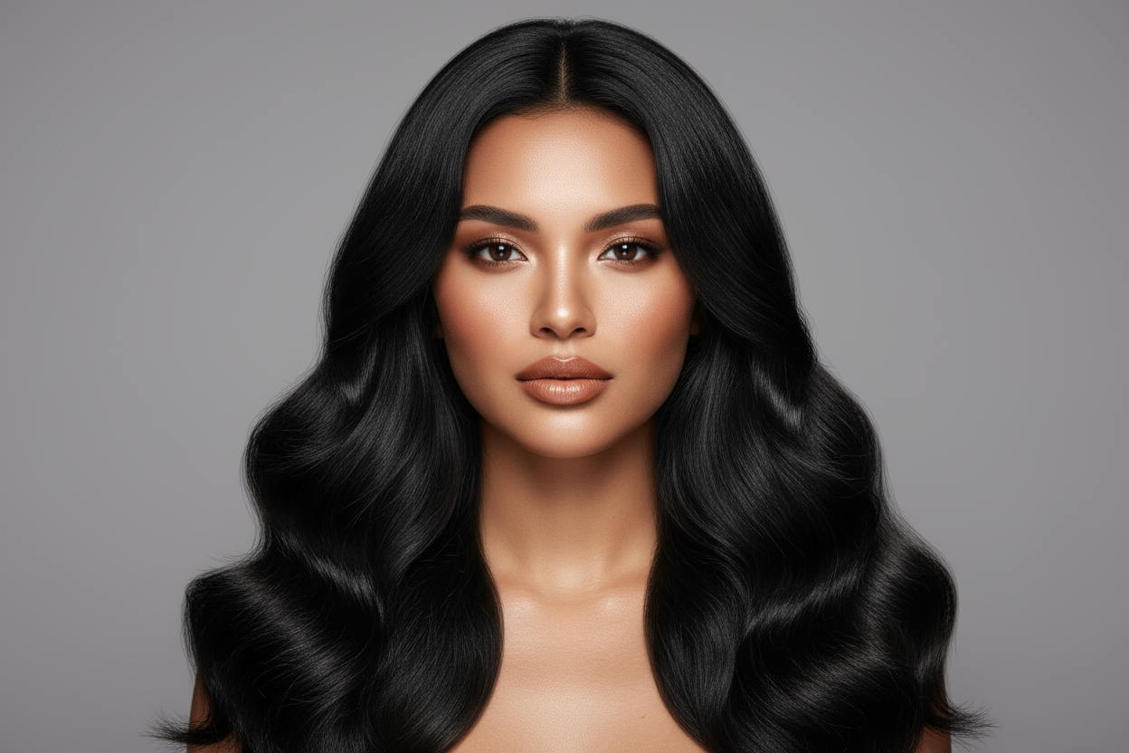 Ultra-realistisches Studio-Beauty-Portrait einer jungen Frau, makellose warme Haut, Nude-Glam-Make-up, natürliche aber definierte Lippen, gesundes Strahlen. High-End Haircare Kampagnenstil, perfektes weiches Studio-Licht, neutraler grauer Hintergrund, 8K, fotorealistisch, superscharf, luxuriöse Beauty-Ästhetik.Frontaler Blick in die Kamera, Fokus auf Gesicht und  extrem lange fallende Haartextur.Jet Black.Sanfte Wellen – große fließende Wellen, elegantes Volumen