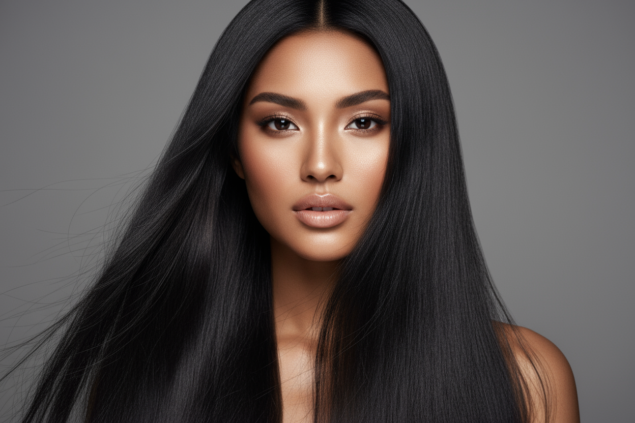 Ultra-realistisches Studio-Beauty-Portrait einer jungen Frau, makellose warme Haut, Nude-Glam-Make-up, natürliche aber definierte Lippen, gesundes Strahlen. High-End Haircare Kampagnenstil, perfektes weiches Studio-Licht, neutraler grauer Hintergrund, 8K, fotorealistisch, superscharf, luxuriöse Beauty-Ästhetik. Frontaler Blick in die Kamera, Fokus auf Gesicht und  extrem langen fallende Haaren.ultra.-tiefes kühles Schwarz.Strukturiert glatt – gerade, aber mit natürlicher Textur und Volumen